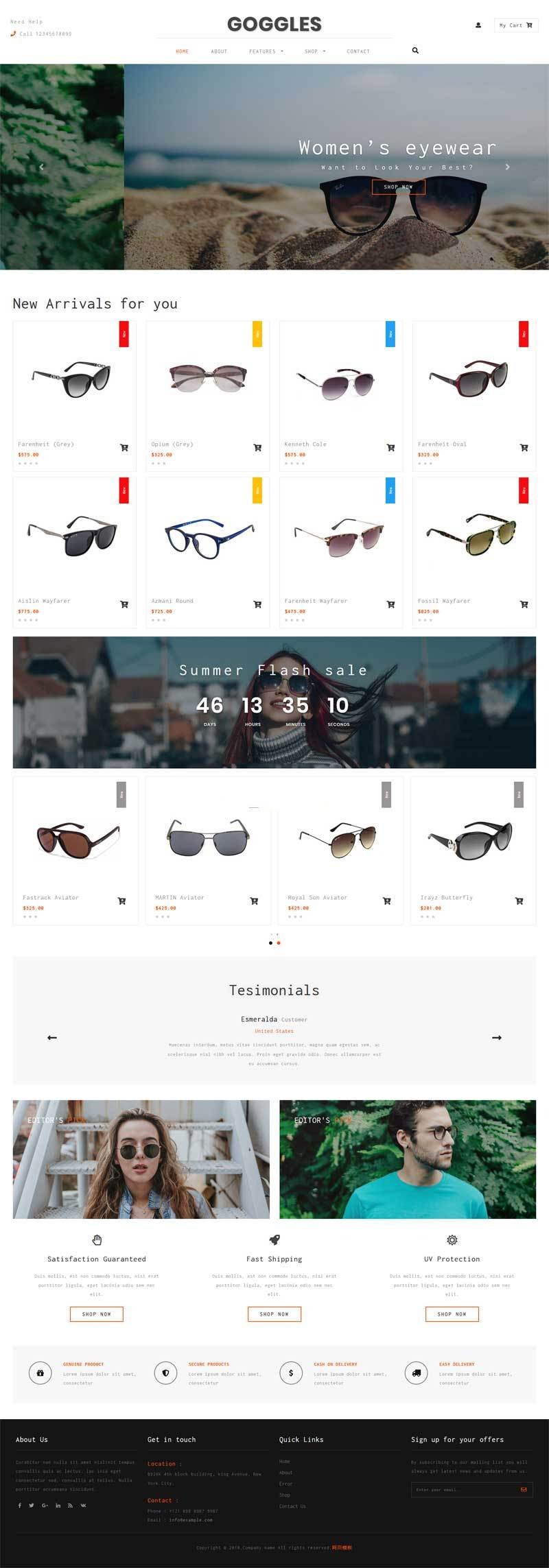 响应式的网上太阳眼镜购物商城英文模板