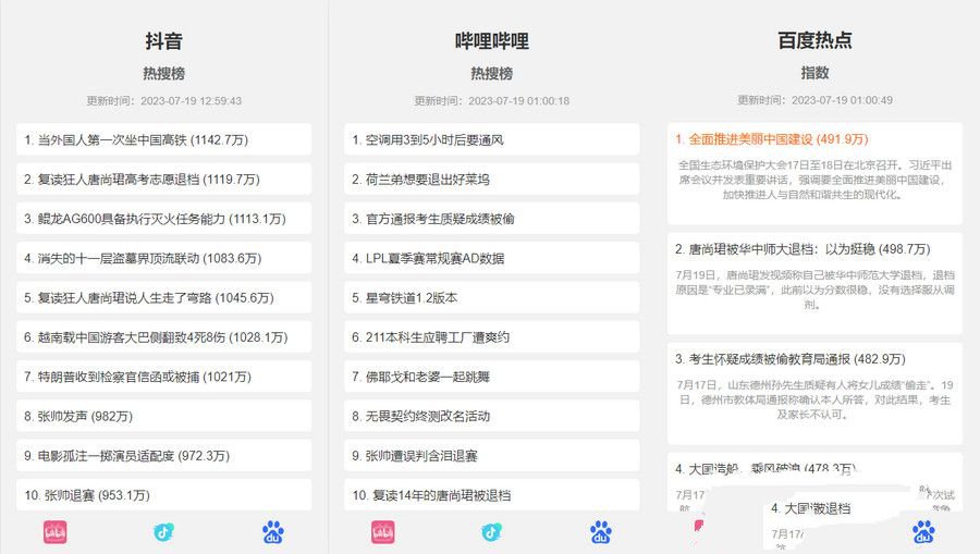 抖音、百度、哔哩哔哩热搜热榜单页的HTML源码