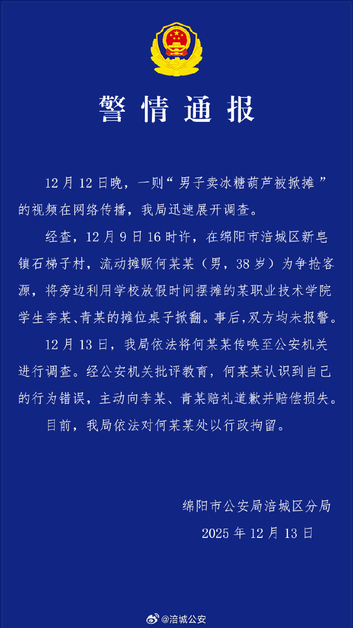 学生卖冰糖葫芦摊位被人掀翻，警方通报(图1)