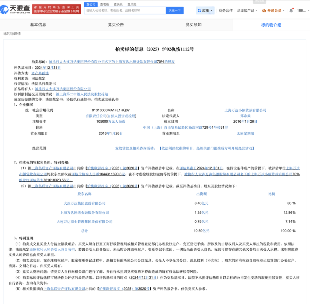 王健林名下上海万达小额贷款公司70%股权将被拍卖，起拍价约5.1亿元(图2)