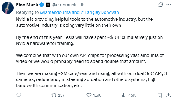 英伟达自驾“吓倒”特斯拉股价？马斯克自信表示：毫不担心(图2)