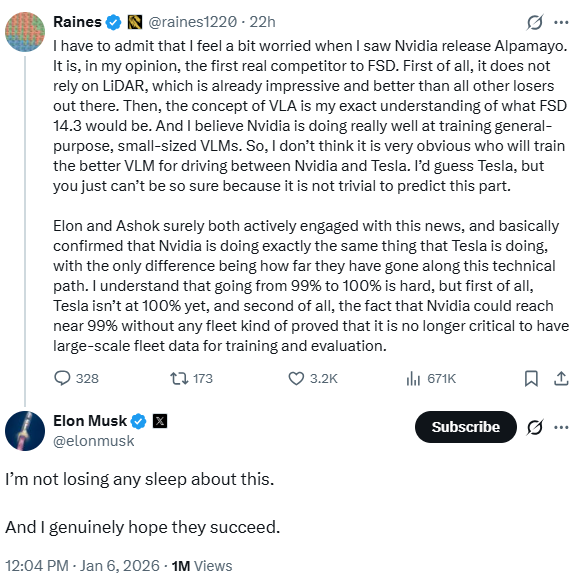 英伟达自驾“吓倒”特斯拉股价？马斯克自信表示：毫不担心(图1)