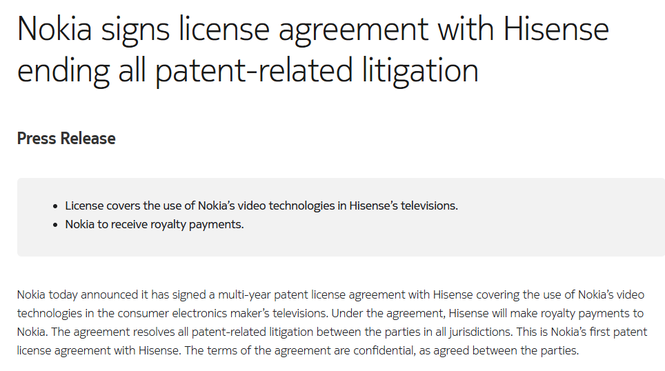 诺基亚与海信达成专利许可协议 结束所有相