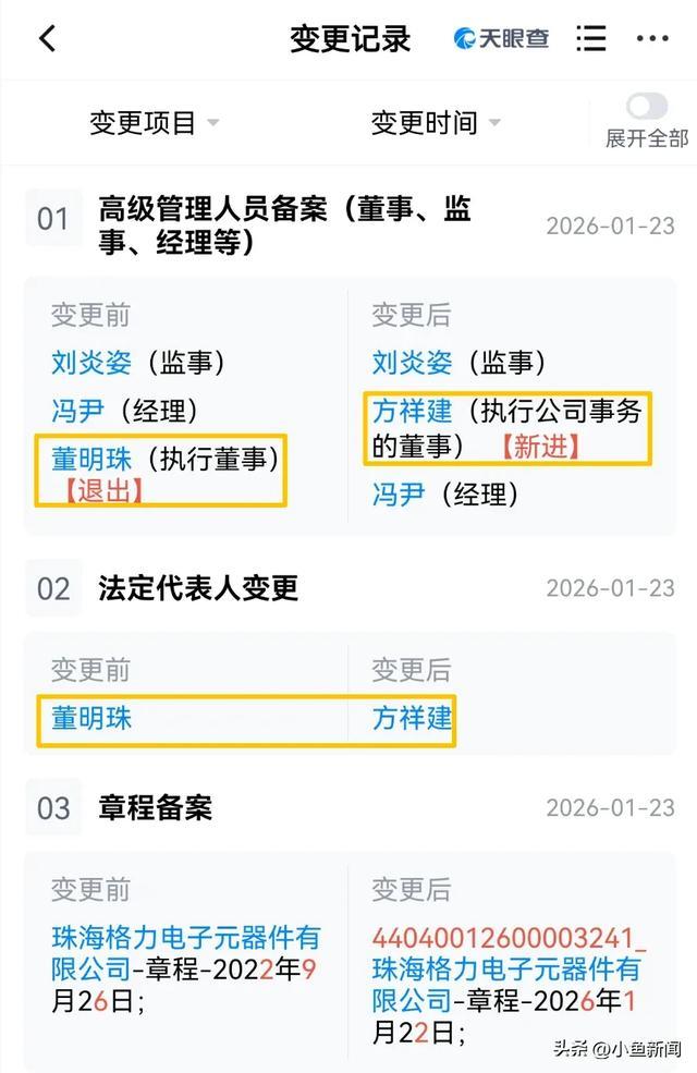 珠海格力电子元器件发生工商变更，董明珠卸